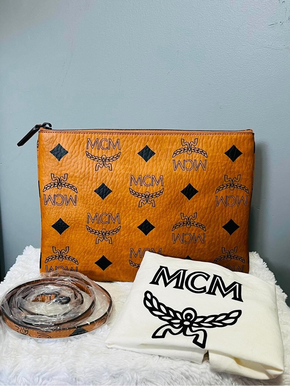MCM Cognac Logo-Print Leather Pouch Clutch
